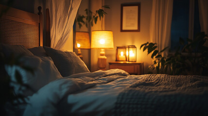 A cozy bedroom with warm lighting and plants, creating a relaxing atmosphere at night