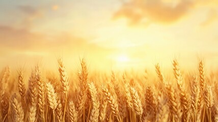 Fototapeta premium A golden wheat field at sunset, illuminated by warm light, creating a serene and picturesque landscape.