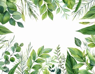 ฺBeautiful watercolor green leaf frame over white background - hand draw watercolor nature frame concept