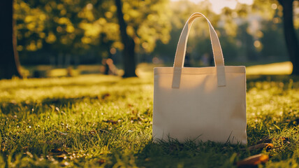 
A concept image of a tote bag mockup featuring a blank tote resting in a sunlit park, showcasing a spacious, sturdy cloth design with parallel handles, offering ample copy space for customization.