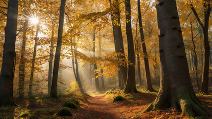 Fototapeta premium Autumn forest with golden leaves and soft sunlight breaking through the trees, travel, landscape, autumn background.