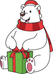 Cartoon polar bear opening christmas present vector illustration