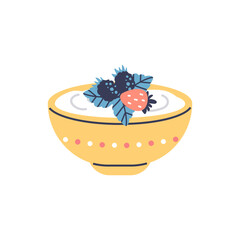 A yellow yogurt maker with an image of Greek yogurt with strawberries and blackberries