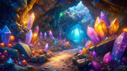 Vibrant crystal cave filled with colorful gems and light illuminating the rocky path