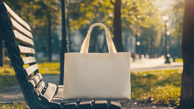 
A concept image of a tote bag mockup featuring a blank tote resting in a sunlit park, showcasing a spacious, sturdy cloth design with parallel handles, offering ample copy space for customization.