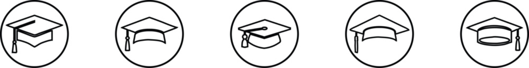 Academic Graduation Cap Icon Set Vector Illustration - Graduation Cap/Hat Outline Style