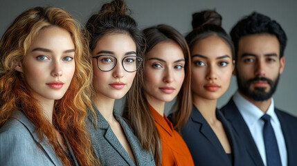 A diverse group of professionals showcasing modern attire, representing teamwork, confidence, and leadership in a corporate environment.