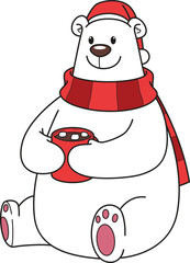 Cartoon christmas polar bear holding hot chocolate vector illustration