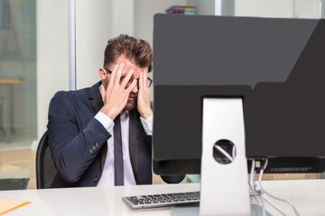 A businessman sits at his desk, head in hands, overwhelmed with concern after making a significant mistake at work. The modern office setting adds to his anxiety.