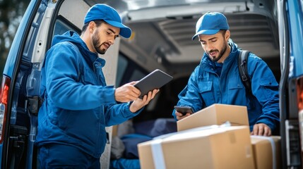 Delivery team in blue uniforms efficiently using tablet while loading packages into delivery van