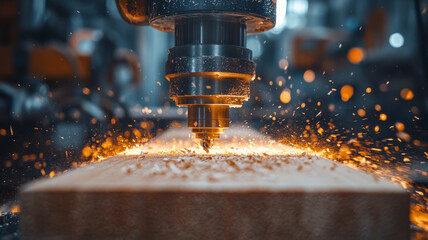 CNC milling machine cutting wood with sparks flying.