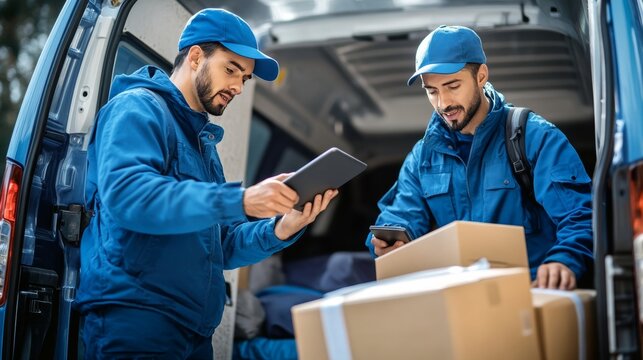 Delivery team in blue uniforms efficiently using tablet while loading packages into delivery van - Powered by Adobe