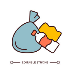 Garbage RGB color icon. Waste collection, management. Plastic bottle, garbage bag and crumpled paper. Pollution. Isolated vector illustration. Simple filled line drawing. Editable stroke