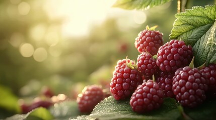 A vibrant close-up of fresh raspberries resting on green leaves, illuminated by soft sunlight, showcasing nature's colorful bounty.