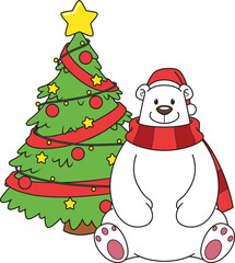 Cartoon polar bear sitting near christmas tree vector illustration