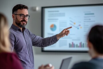 A business leader in a company is mentoring and managing a team for a project. The leader explains the business idea, encouraging collaboration and motivation within the group in a professional office