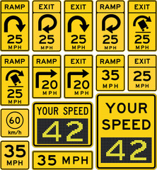 Speed Advisory Road Signs Collection with Exit, Ramp, Turn, and Truck Rollover Warnings for Horizontal Alignment and Variable Speed Feedback. Road signs in the United States.