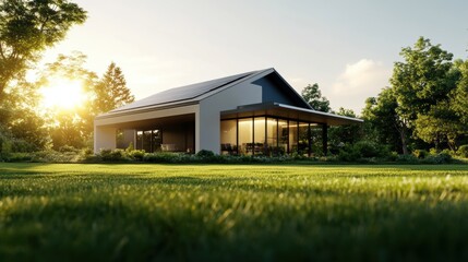 Modern house with large windows surrounded by greenery and sunlight.
