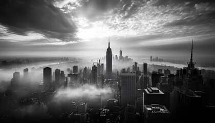 A black-and-white photo of a famous city skyline or iconic landmark, evoking a timeless, classic look