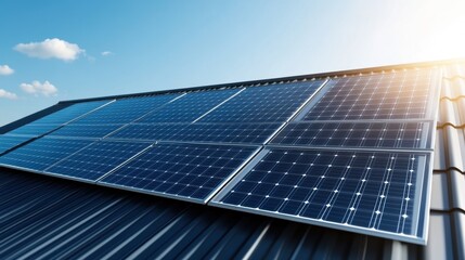 Solar panels on a roof capturing sunlight at sunrise.