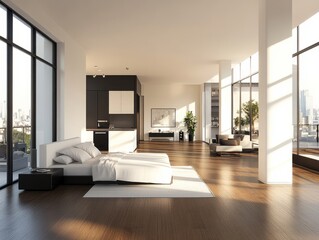 Fototapeta premium Minimalist luxury apartment with a white bedroom and a dark-toned living room, natural sunlight filtering through the open floor plan during the day