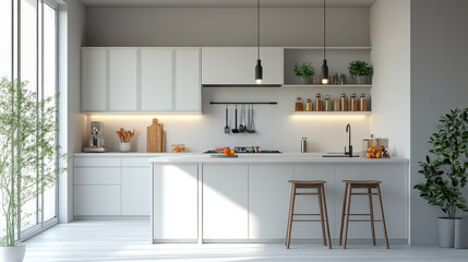 Front view on bright kitchen room interior