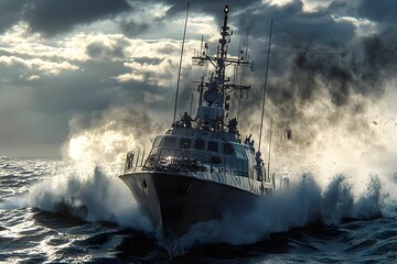 Coast guard vessel navigating through rough seas at sunset