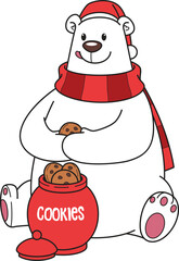 Cartoon christmas polar bear eating cookies from jar vector illustration