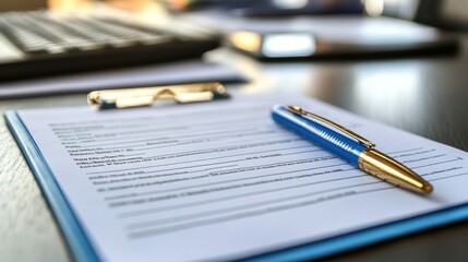 A pen rests on a clipboard with a document, suggesting a business or administrative task.