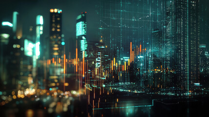 A stock market bar chart set against the backdrop of a contemporary business center, symbolizing concepts of financial investment and trading.