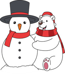 Cartoon christmas polar bear building snowman vector illustration