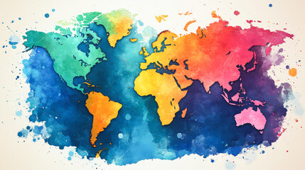 Fototapeta premium Rainbow water color splatter art style World map