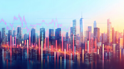 A stock market bar chart set against the backdrop of a contemporary business center, symbolizing concepts of financial investment and trading.