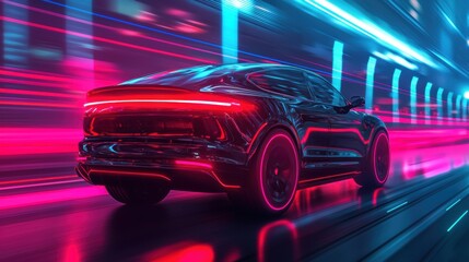 Futuristic car in motion with glowing neon lights and a vibrant background.