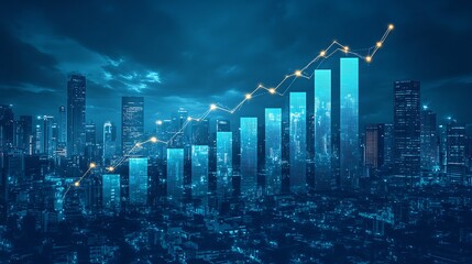 Fototapeta premium A dynamic bar graph rising sharply, representing GDP growth, with inflation rates subtly integrated into the background, contrasted by a downward unemployment figure in the foreground.