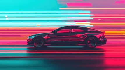 A sleek car in motion with vibrant neon light trails, showcasing speed and technology.