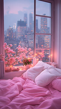 Fototapeta Modern style luxury pink master bedroom with blurry city view in the night background