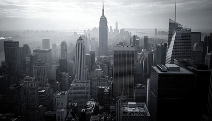 A black-and-white photo of a famous city skyline or iconic landmark, evoking a timeless, classic look