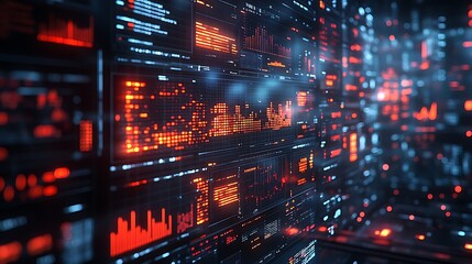 Obraz premium A futuristic digital display board featuring fluctuating stock market indices, with GDP growth, inflation, and unemployment figures subtly embedded within the data streams.