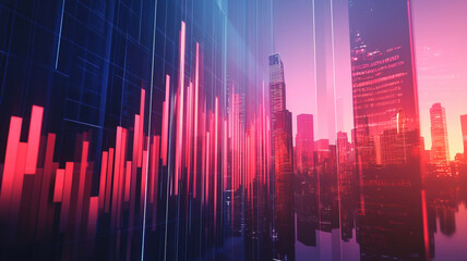 A stock market bar chart set against the backdrop of a contemporary business center, symbolizing concepts of financial investment and trading.