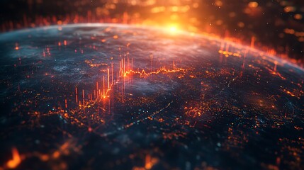 Fototapeta premium A global financial concept image with GDP growth indicated by a bright upward curve, inflation rates slightly rising, and unemployment figures falling, all on a stock market background.