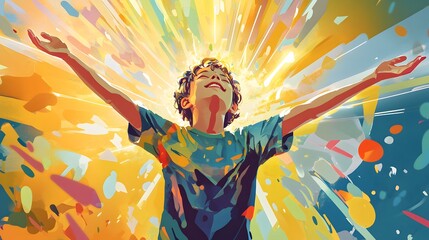 Fototapeta premium 2. **Illustrate a joyful boy with his arms stretched out in worship, surrounded by abstract shapes and light rays that symbolize inspiration and faith. Use bright colors to enhance the uplifting