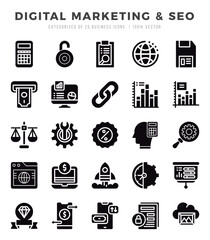 Set of 25 Digital Marketing & SEO Glyph Icons Pack.