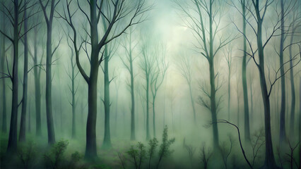 Obraz premium Misty forest with bare trees and a tranquil atmosphere shrouded in fog