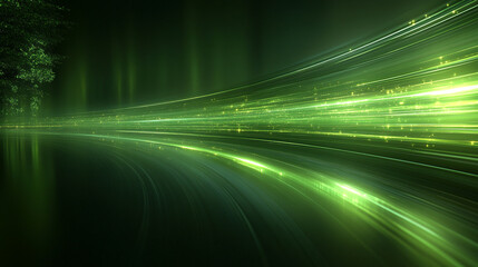 A vibrant green abstract background featuring dynamic light trails, perfect for technology and design concepts.