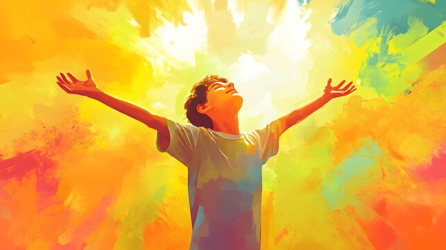 3. **Depict a boy in a vector illustration with his arms open wide, expressing devotion and freedom in worship. The background should be simple yet colorful, emphasizing the boy is joyful spirit and