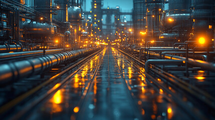 Fototapeta premium A vibrant industrial scene at dusk, showcasing illuminated pipelines and reflective surfaces amidst an urban landscape.