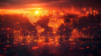 Obraz premium A stylized world map overlaid with financial indicators, featuring GDP growth as a prominent upward trend and inflation and unemployment data displayed alongside stock market fluctuations.