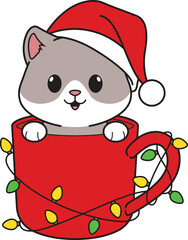 Cartoon funny christmas cat in red mug vector illustration