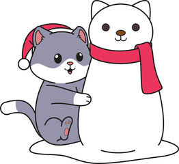 Cartoon cute cat building a snowman vector illustration